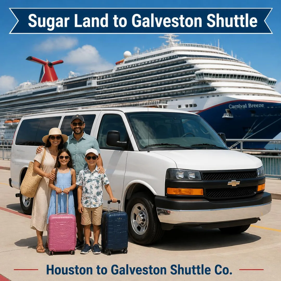 A family with children and suitcases beside a white Houston to Galveston Shuttle Co. van at the Galveston cruise port