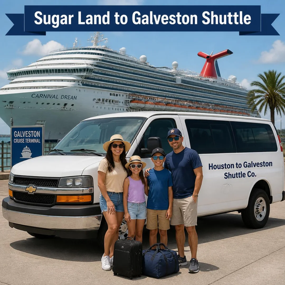 A family of four with luggage beside a white Houston to Galveston Shuttle Co. van at the Galveston Cruise Terminal sign