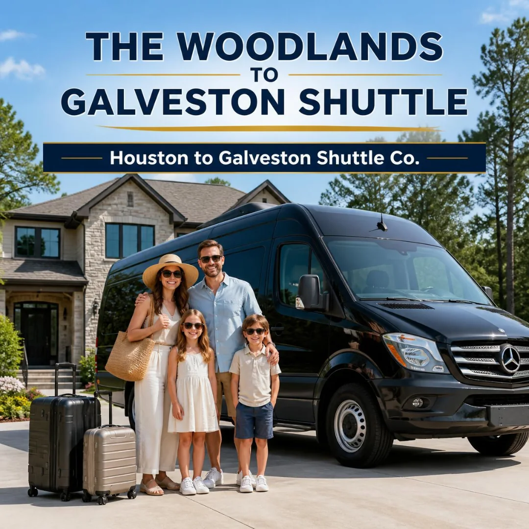 A family of four with suitcases beside a black Houston to Galveston Shuttle Co. Sprinter van