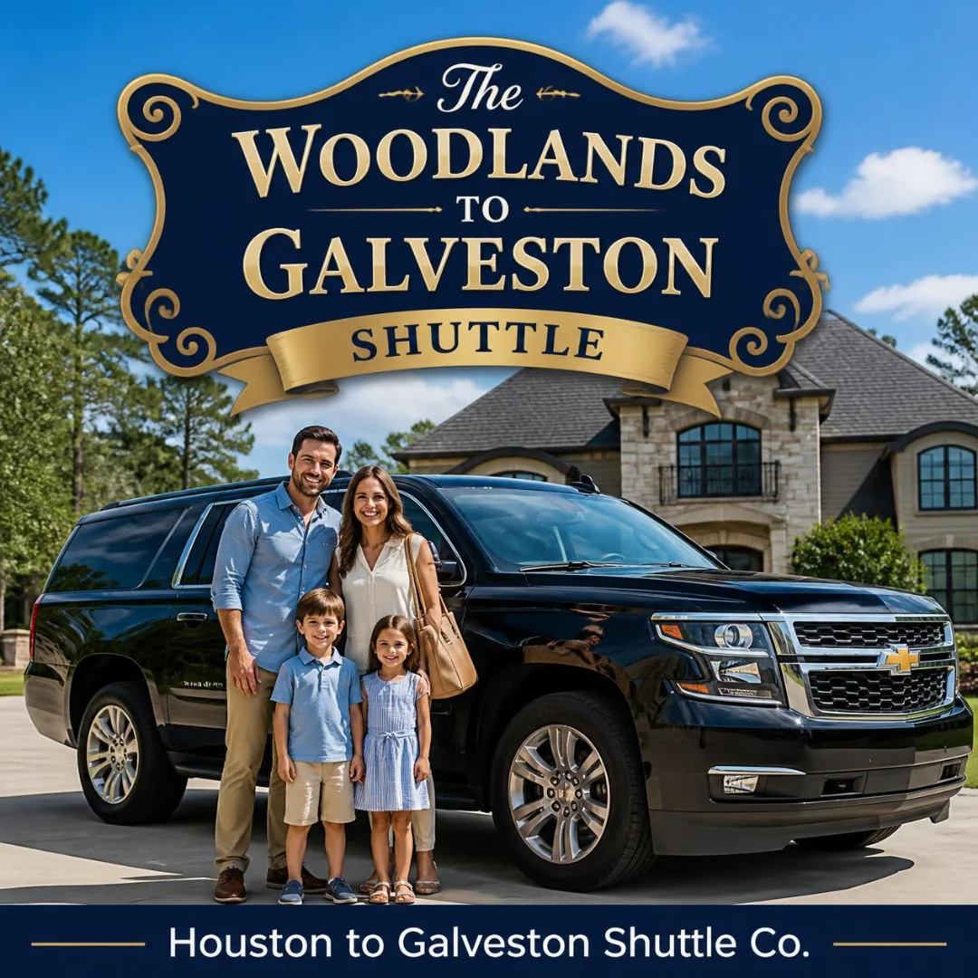 A family of four beside a black Houston to Galveston Shuttle Co. Suburban on a driveway in The Woodlands